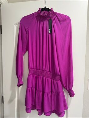 Kensie Fuchsia Smocked-Neck Long Sleeve Mini Dress